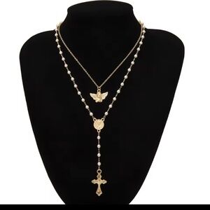 Gold Tone Faux Pearl Double Layer Necklace Cross Angel Gothic Religious Dainty